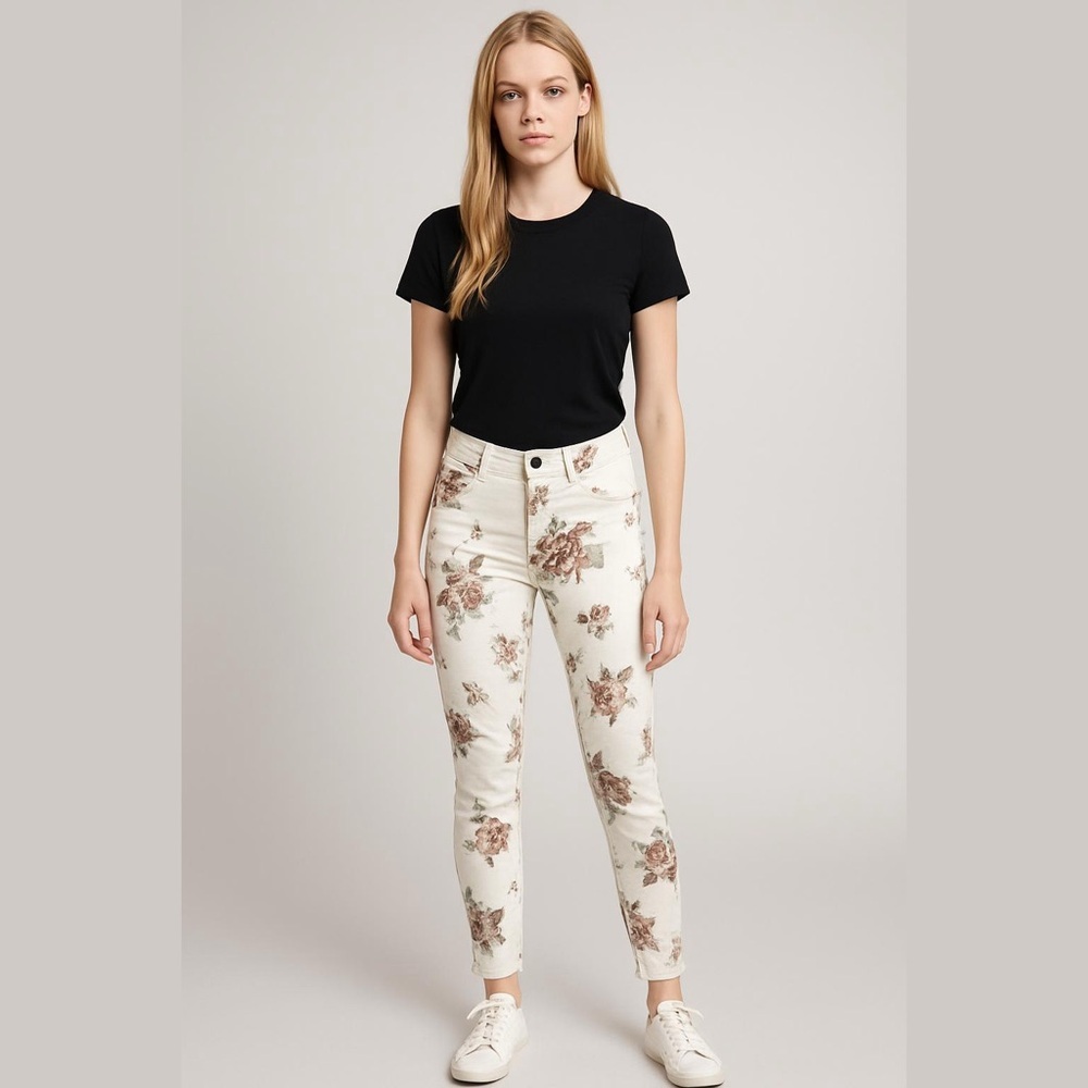 G.I.L.I. Ankle Jeggings Cream Denim Floral Size 2 Dual Stretch Jeans 27" inseam - Picture 1 of 17